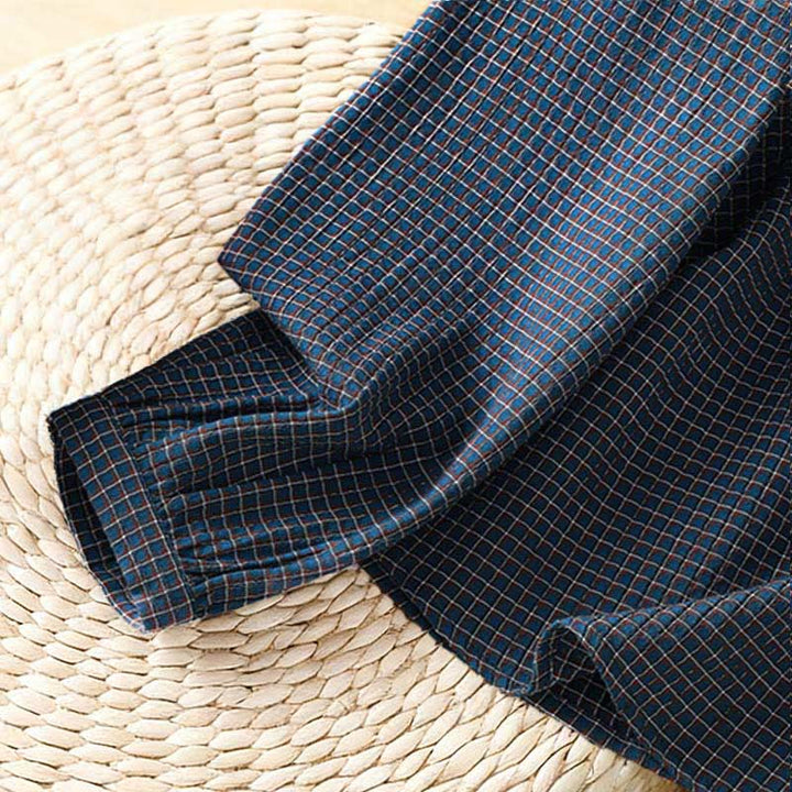 Camisa de algodón de manga larga para mujer con cuello en V y botones en azul otoñal con estampado de Buddha Stones - image 6