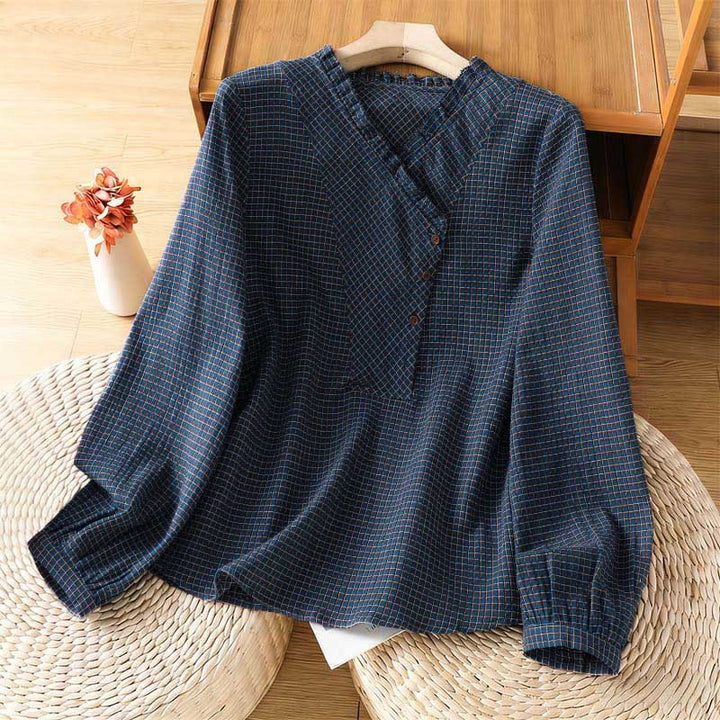 Camisa de algodón de manga larga para mujer con cuello en V y botones en azul otoñal con estampado de Buddha Stones - Azul acero - US8-10，UK/AU12-14，EU40-42 (2XL) - image 0