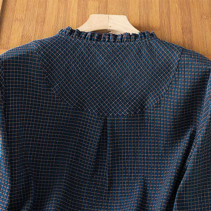 Camisa de algodón de manga larga para mujer con cuello en V y botones en azul otoñal con estampado de Buddha Stones - image 4