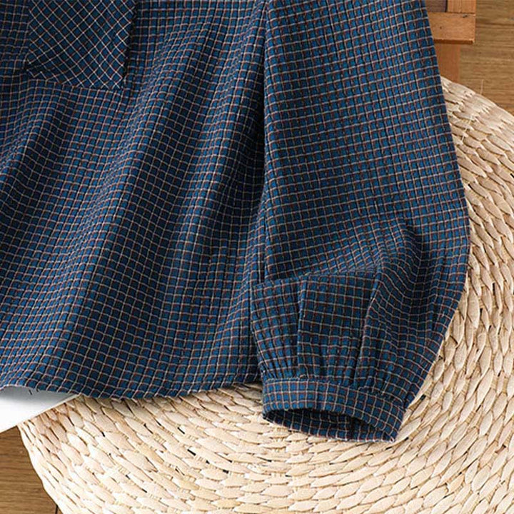 Camisa de algodón de manga larga para mujer con cuello en V y botones en azul otoñal con estampado de Buddha Stones - image 8