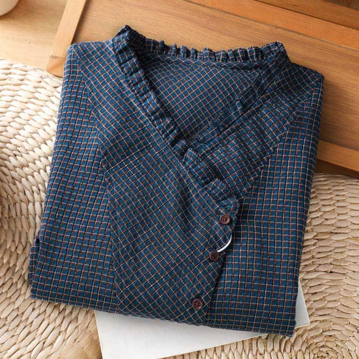 Camisa de algodón de manga larga para mujer con cuello en V y botones en azul otoñal con estampado de Buddha Stones - image 2