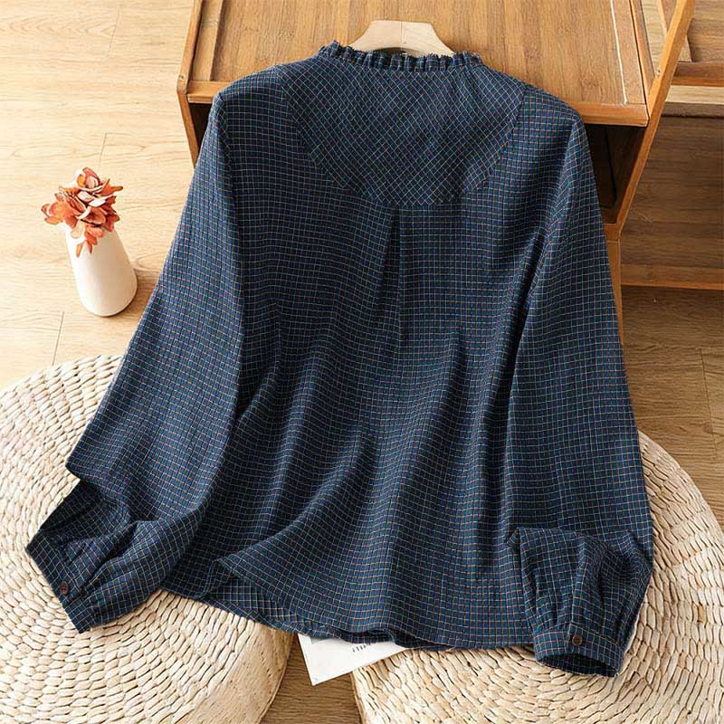 Camisa de algodón de manga larga para mujer con cuello en V y botones en azul otoñal con estampado de Buddha Stones - image 1