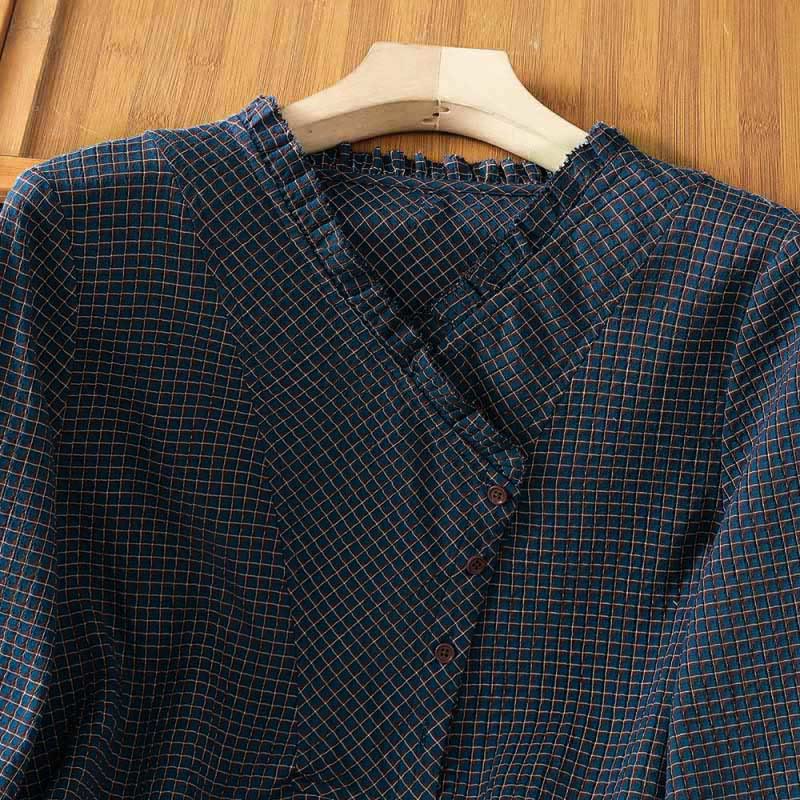 Camisa de algodón de manga larga para mujer con cuello en V y botones en azul otoñal con estampado de Buddha Stones - image 5