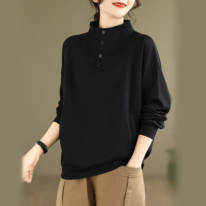 Sudadera de algodón de manga larga para mujer con diseño de botones y cuello alto liso con estampado de Buddha Stones Fall - image 1