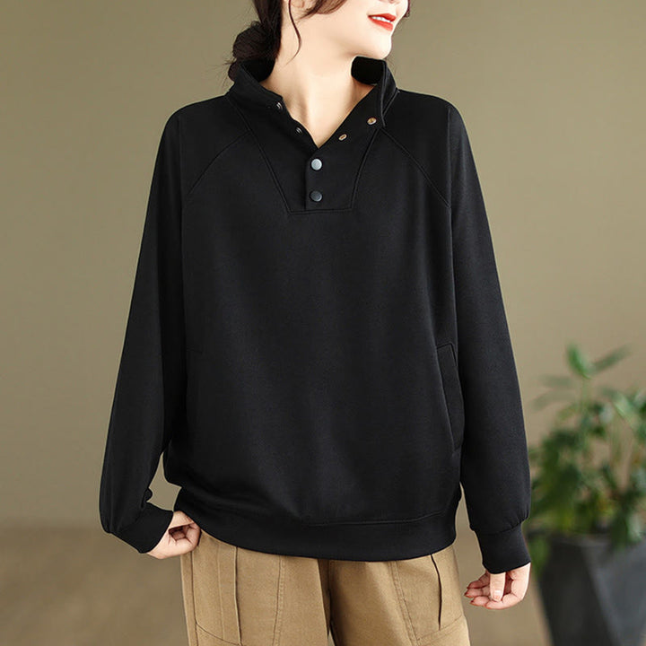 Sudadera de algodón de manga larga para mujer con diseño de botones y cuello alto liso con estampado de Buddha Stones Fall - Negro - US8-10，UK/AU12-14，EU40-42 (2XL) - image 0