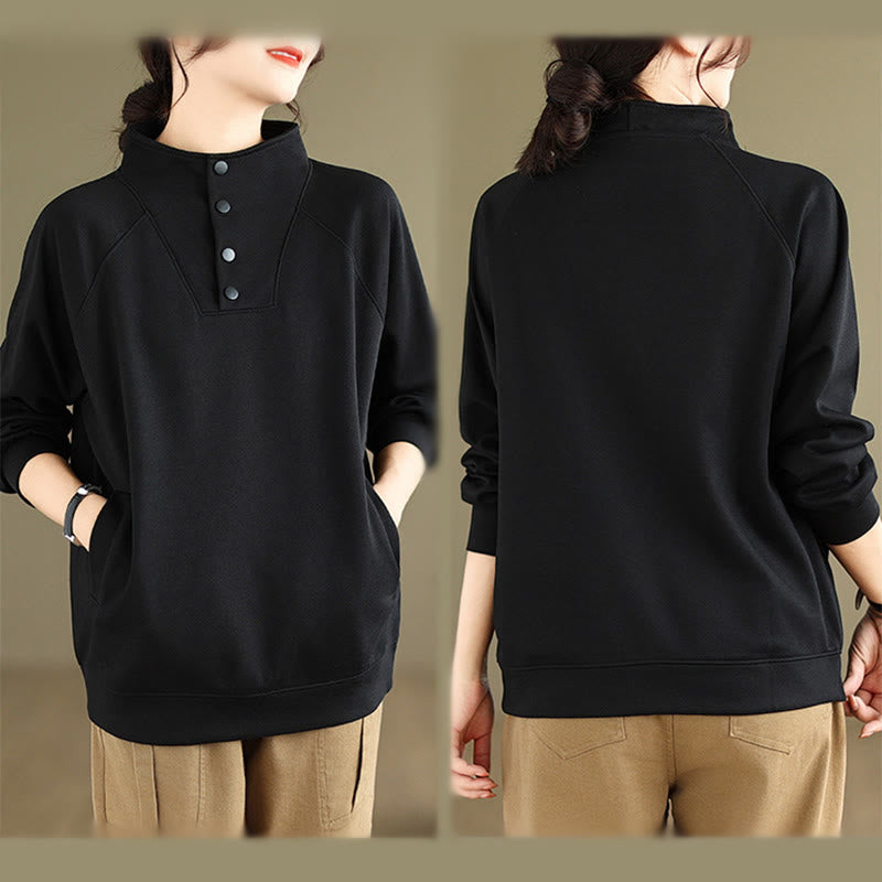 Sudadera de algodón de manga larga para mujer con diseño de botones y cuello alto liso con estampado de Buddha Stones Fall - image 4