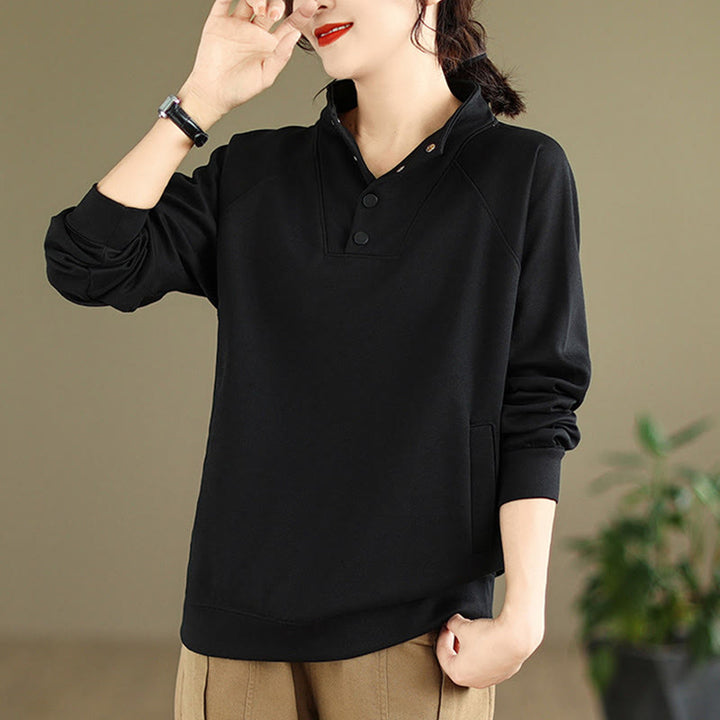 Sudadera de algodón de manga larga para mujer con diseño de botones y cuello alto liso con estampado de Buddha Stones Fall - image 3