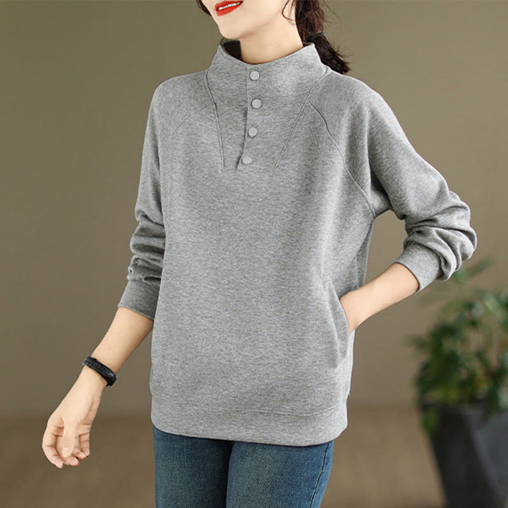Sudadera de algodón de manga larga para mujer con diseño de botones y cuello alto liso con estampado de Buddha Stones Fall - image 7