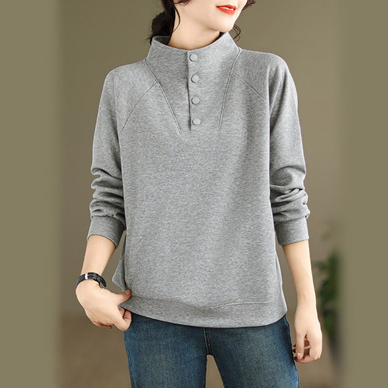 Sudadera de algodón de manga larga para mujer con diseño de botones y cuello alto liso con estampado de Buddha Stones Fall - Gris claro - US8-10，UK/AU12-14，EU40-42 (2XL) - image 5