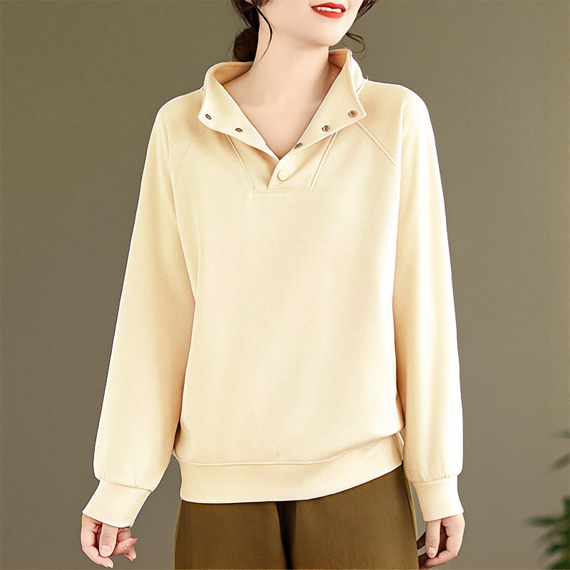 Sudadera de algodón de manga larga para mujer con diseño de botones y cuello alto liso con estampado de Buddha Stones Fall - image 12