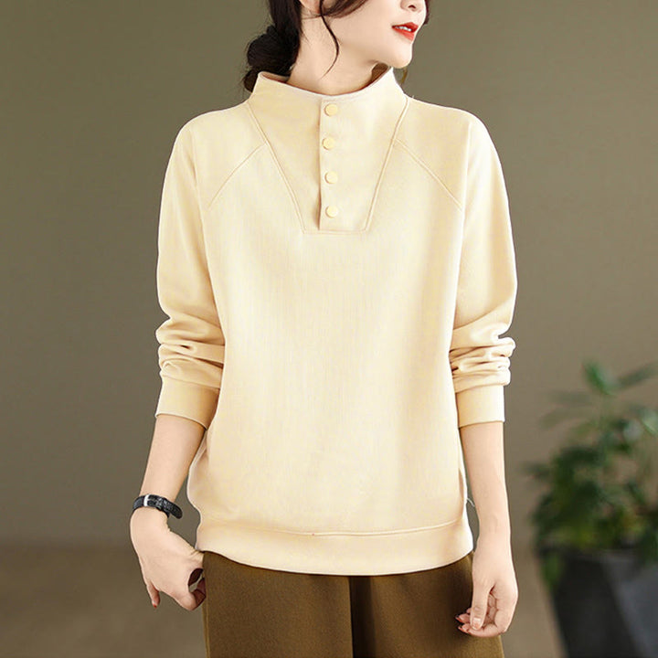 Sudadera de algodón de manga larga para mujer con diseño de botones y cuello alto liso con estampado de Buddha Stones Fall - image 11
