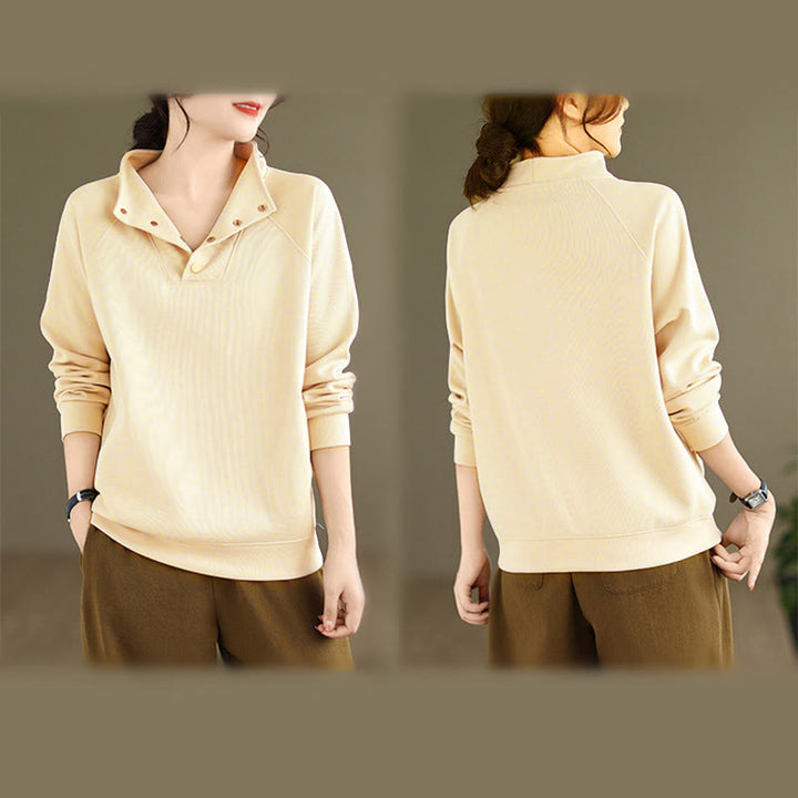 Sudadera de algodón de manga larga para mujer con diseño de botones y cuello alto liso con estampado de Buddha Stones Fall - image 14