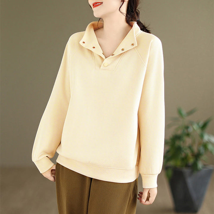 Sudadera de algodón de manga larga para mujer con diseño de botones y cuello alto liso con estampado de Buddha Stones Fall - Beige - US8-10，UK/AU12-14，EU40-42 (2XL) - image 10