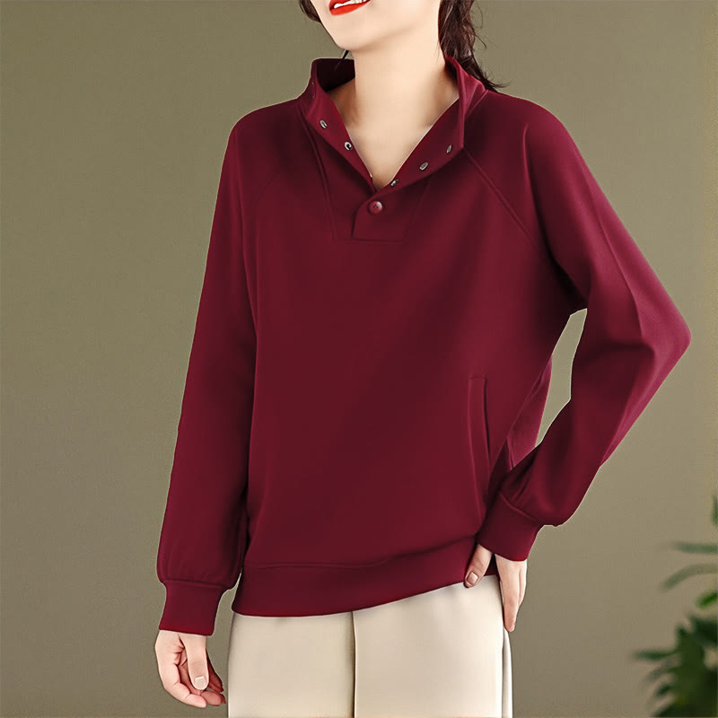 Sudadera de algodón de manga larga para mujer con diseño de botones y cuello alto liso con estampado de Buddha Stones Fall - image 34