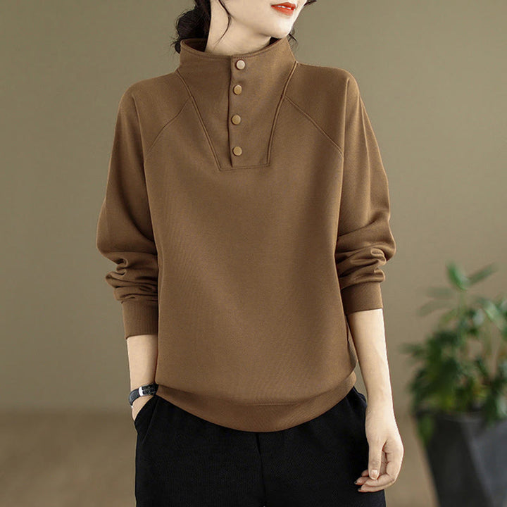 Sudadera de algodón de manga larga para mujer con diseño de botones y cuello alto liso con estampado de Buddha Stones Fall - image 27