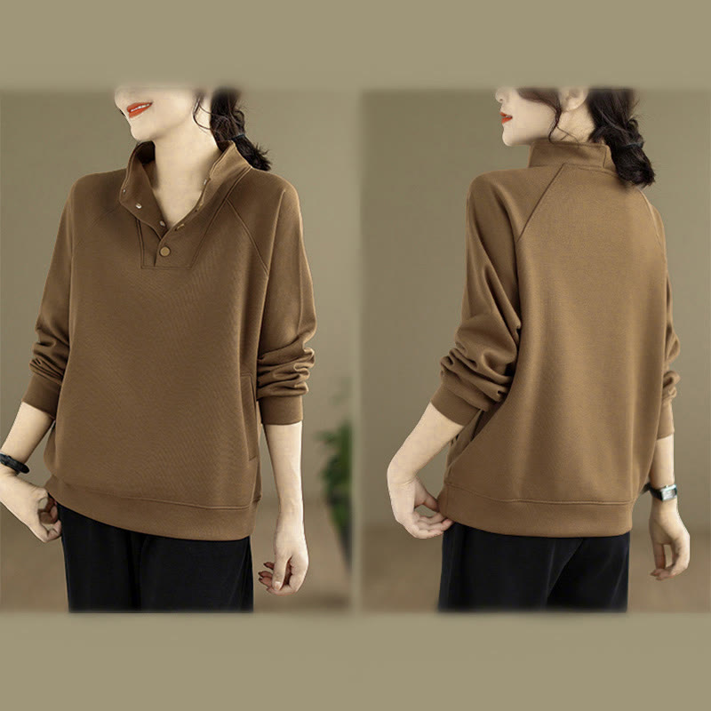 Sudadera de algodón de manga larga para mujer con diseño de botones y cuello alto liso con estampado de Buddha Stones Fall - image 29