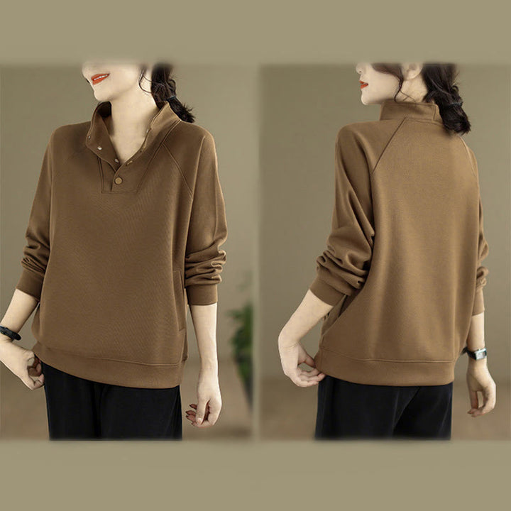 Sudadera de algodón de manga larga para mujer con diseño de botones y cuello alto liso con estampado de Buddha Stones Fall - image 29