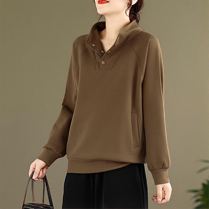 Sudadera de algodón de manga larga para mujer con diseño de botones y cuello alto liso con estampado de Buddha Stones Fall - image 28