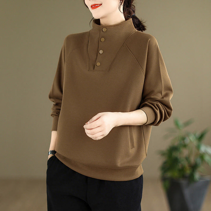 Sudadera de algodón de manga larga para mujer con diseño de botones y cuello alto liso con estampado de Buddha Stones Fall - Marrón silla de montar - US8-10，UK/AU12-14，EU40-42 (2XL) - image 26