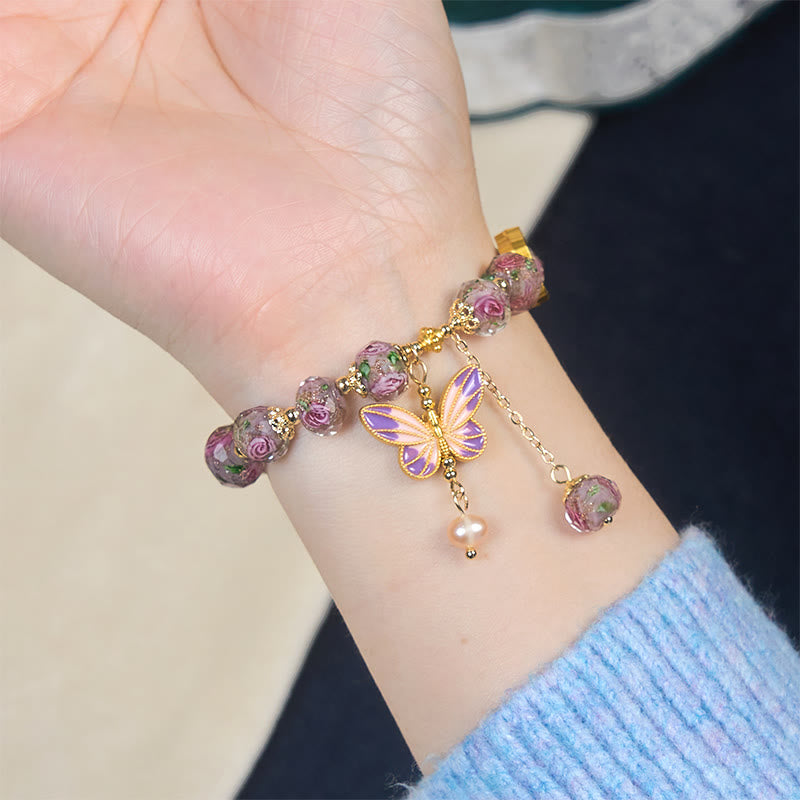 Pulsera de amor con cuentas de cristal Liuli y flores con dijes de mariposas dobles de Buddha Stones - image 5
