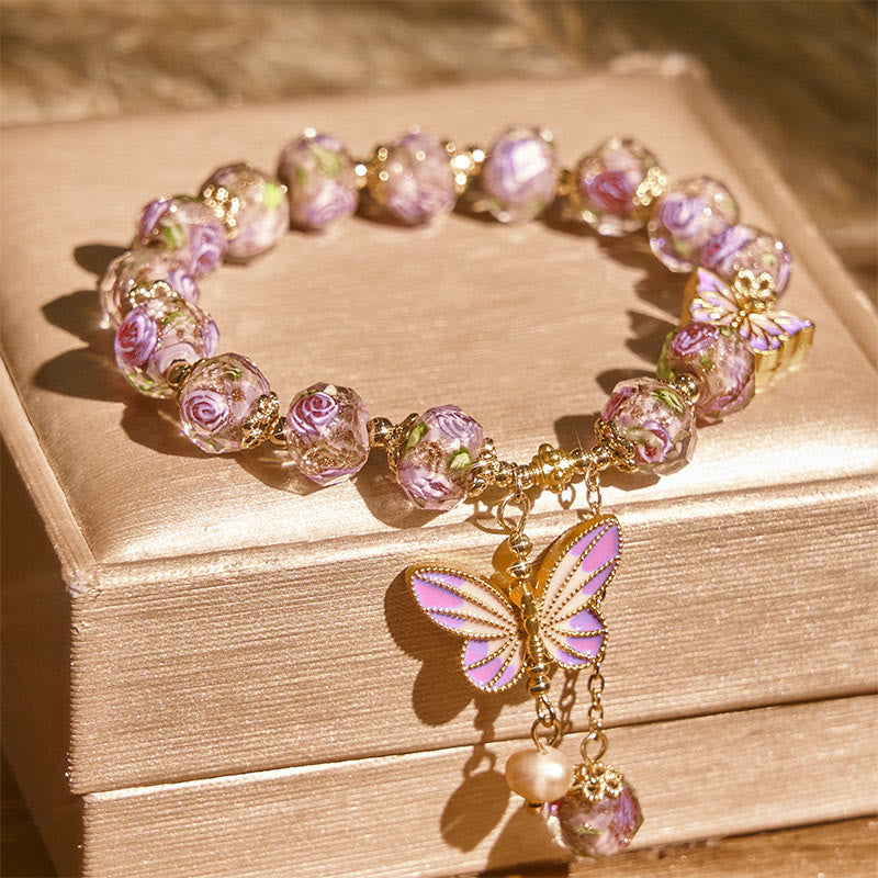 Pulsera de amor con cuentas de cristal Liuli y flores con dijes de mariposas dobles de Buddha Stones - Liuli (circunferencia de la muñeca: 14-16 cm) - image 0
