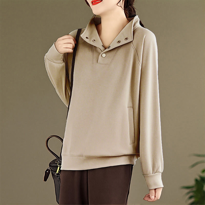 Sudadera de algodón de manga larga para mujer con diseño de botones y cuello alto liso con estampado de Buddha Stones Fall - image 23