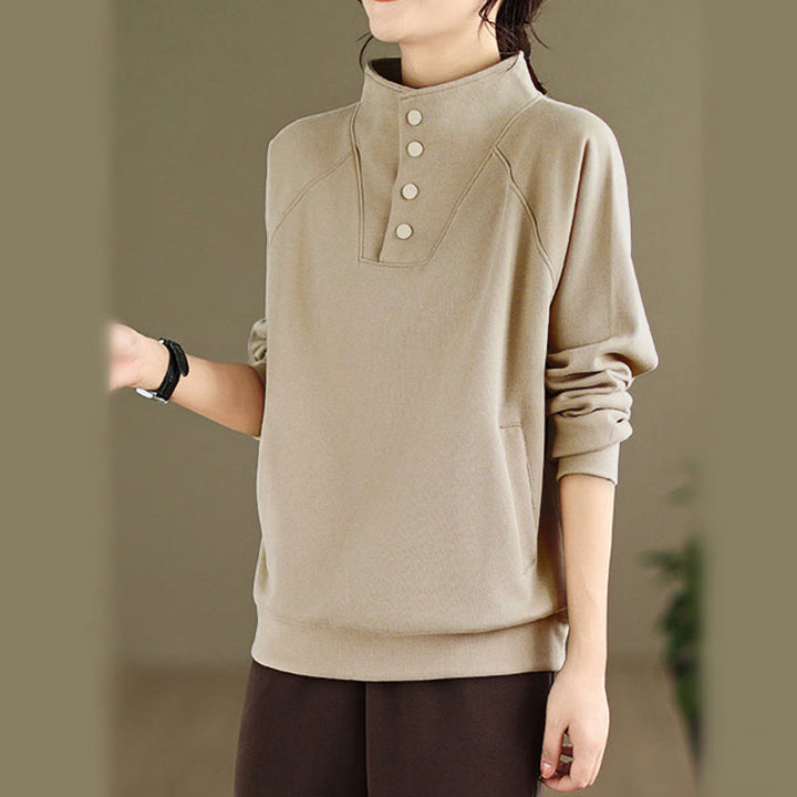 Sudadera de algodón de manga larga para mujer con diseño de botones y cuello alto liso con estampado de Buddha Stones Fall - image 24