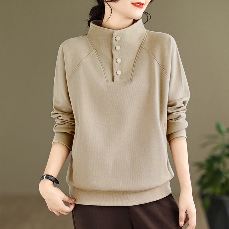 Sudadera de algodón de manga larga para mujer con diseño de botones y cuello alto liso con estampado de Buddha Stones Fall - Broncearse - US8-10，UK/AU12-14，EU40-42 (2XL) - image 21