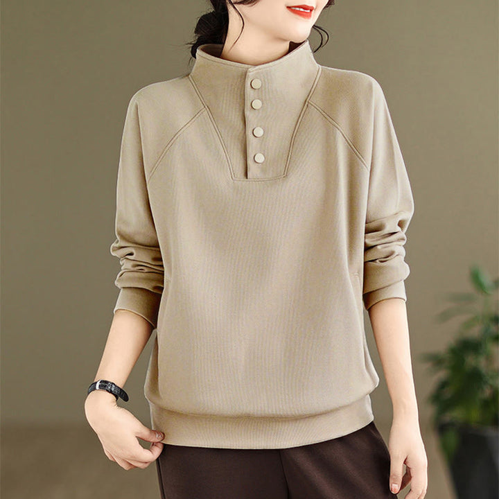 Sudadera de algodón de manga larga para mujer con diseño de botones y cuello alto liso con estampado de Buddha Stones Fall - Broncearse - US8-10，UK/AU12-14，EU40-42 (2XL) - image 21