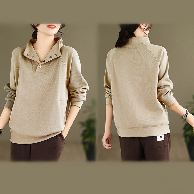Sudadera de algodón de manga larga para mujer con diseño de botones y cuello alto liso con estampado de Buddha Stones Fall - image 25