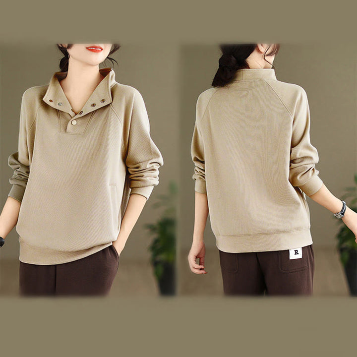 Sudadera de algodón de manga larga para mujer con diseño de botones y cuello alto liso con estampado de Buddha Stones Fall - image 25