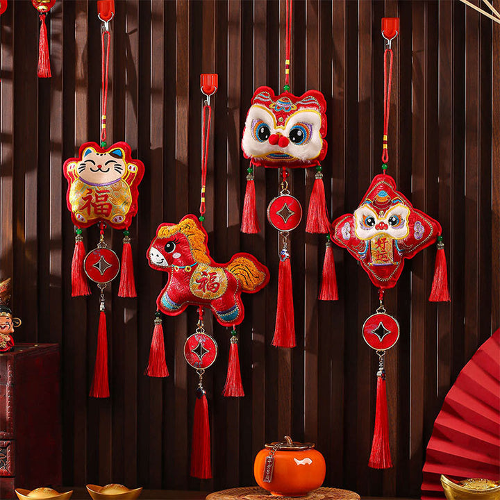 Bordado de Buddha Stones con el personaje Fu del Año del Caballo en forma de moneda de cobre con hilo rojo para decoración colgante. - image 16