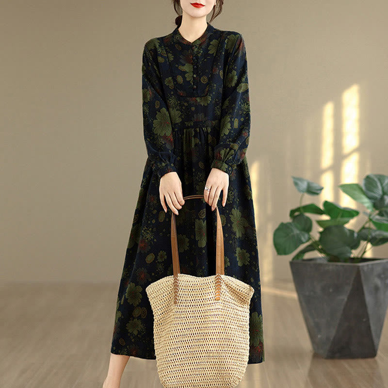 Vestido midi de algodón de manga larga con estampado floral de Buddha Stones y bolsillos - image 14