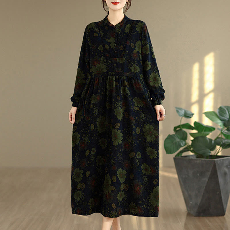 Vestido midi de algodón de manga larga con estampado floral de Buddha Stones y bolsillos - image 13