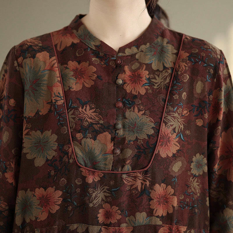 Vestido midi de algodón de manga larga con estampado floral de Buddha Stones y bolsillos - image 9