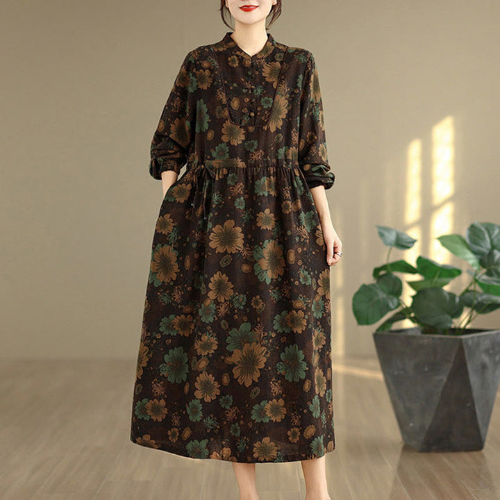 Vestido midi de algodón de manga larga con estampado floral de Buddha Stones y bolsillos - SaddleBrown - US4, UK/AU8, UE36 (F) - image 16
