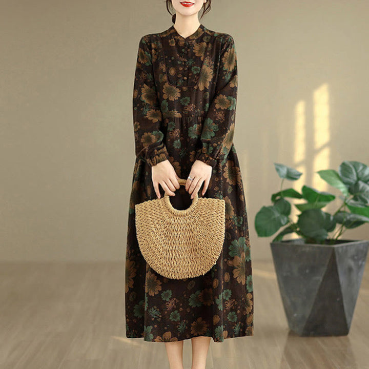 Vestido midi de algodón de manga larga con estampado floral de Buddha Stones y bolsillos - image 18