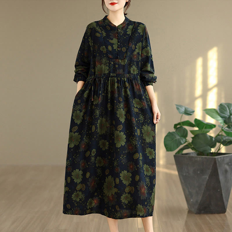 Vestido midi de algodón de manga larga con estampado floral de Buddha Stones y bolsillos - Azul medianoche - US4, UK/AU8, UE36 (F) - image 12