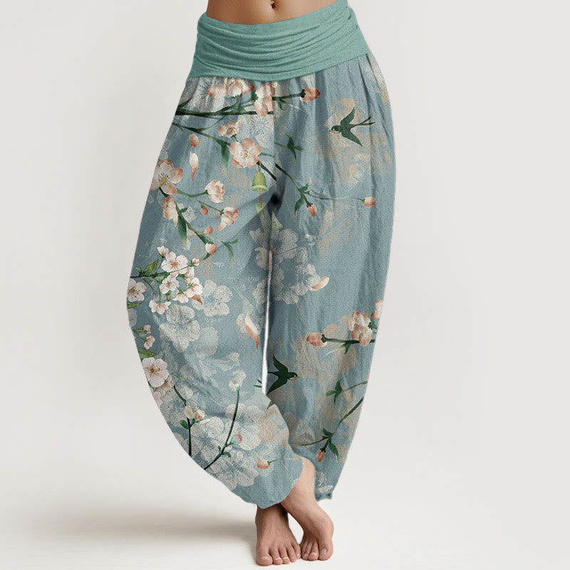 Pantalones harén de algodón puro con estampado de gansos voladores y flores de melocotón de Buddha Stones para mujer, cintura elástica - Aguamarina mediana - US22，UK/AU26，EU54 (6XL) - image 0