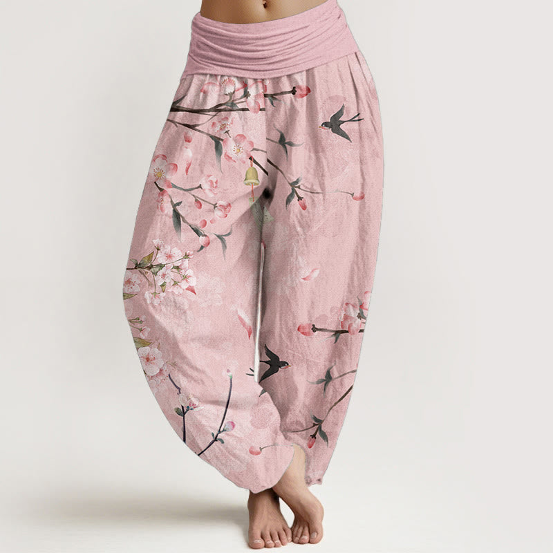 Pantalones harén de algodón puro con estampado de gansos voladores y flores de melocotón de Buddha Stones para mujer, cintura elástica - Rosa - US22，UK/AU26，EU54 (6XL) - image 5