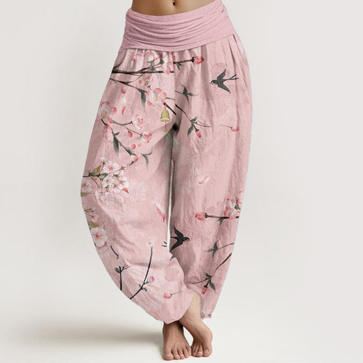Pantalones harén de algodón puro con estampado de gansos voladores y flores de melocotón de Buddha Stones para mujer, cintura elástica - Rosa - US22，UK/AU26，EU54 (6XL) - image 5