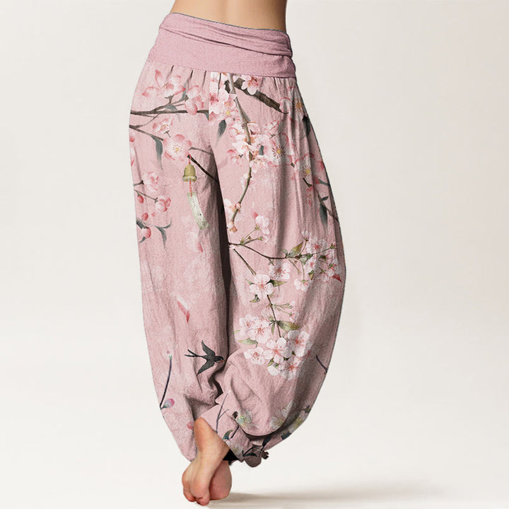 Pantalones harén de algodón puro con estampado de gansos voladores y flores de melocotón de Buddha Stones para mujer, cintura elástica - image 6