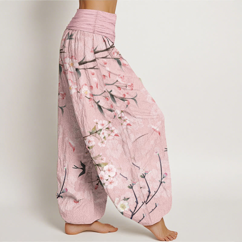 Pantalones harén de algodón puro con estampado de gansos voladores y flores de melocotón de Buddha Stones para mujer, cintura elástica - image 7