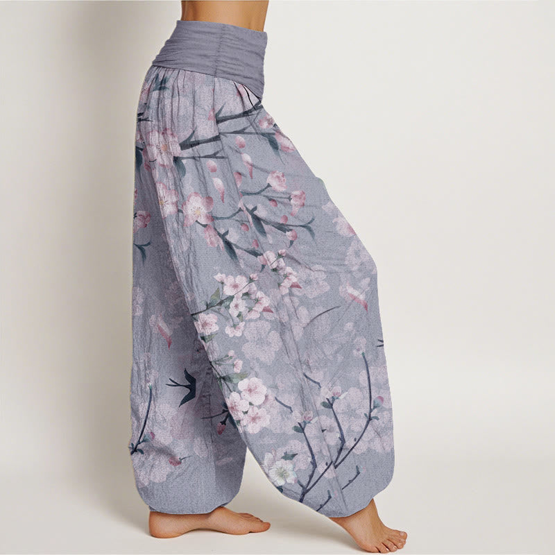 Pantalones harén de algodón puro con estampado de gansos voladores y flores de melocotón de Buddha Stones para mujer, cintura elástica - image 10
