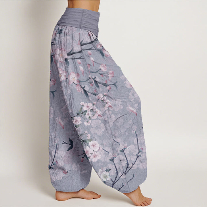 Pantalones harén de algodón puro con estampado de gansos voladores y flores de melocotón de Buddha Stones para mujer, cintura elástica - image 10