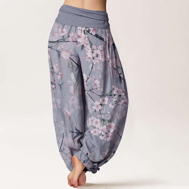Pantalones harén de algodón puro con estampado de gansos voladores y flores de melocotón de Buddha Stones para mujer, cintura elástica - image 9