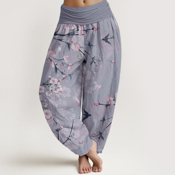 Pantalones bombachos de cintura elástica para mujer con estampado de flores de melocotón y Buddha Stones, de algodón. - Azul aciano - US22，UK/AU26，EU54 (6XL) - image 7