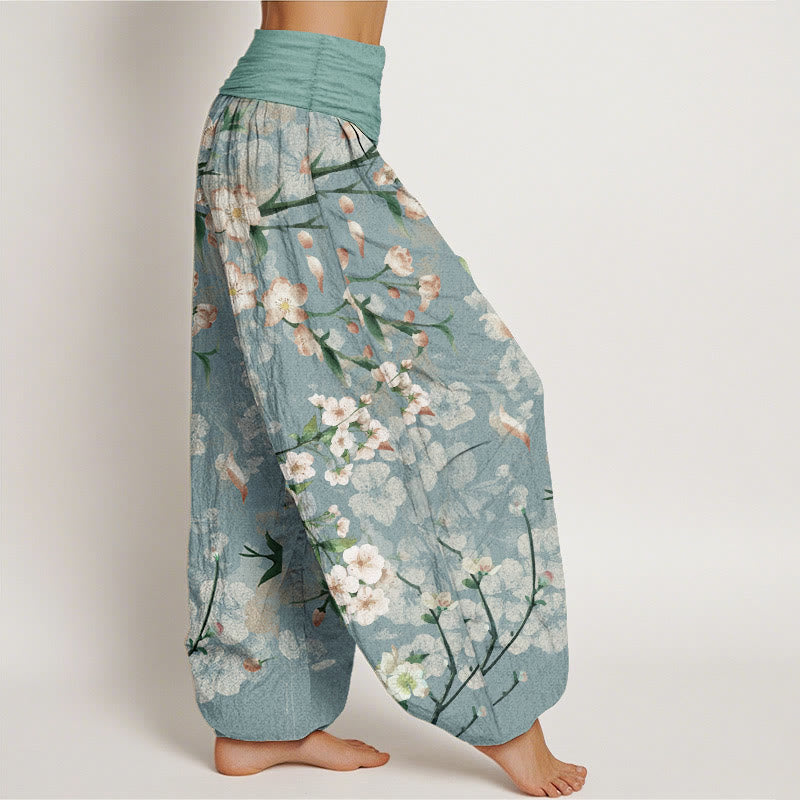 Pantalones bombachos de cintura elástica para mujer con estampado de flores de melocotón y Buddha Stones, de algodón. - image 2
