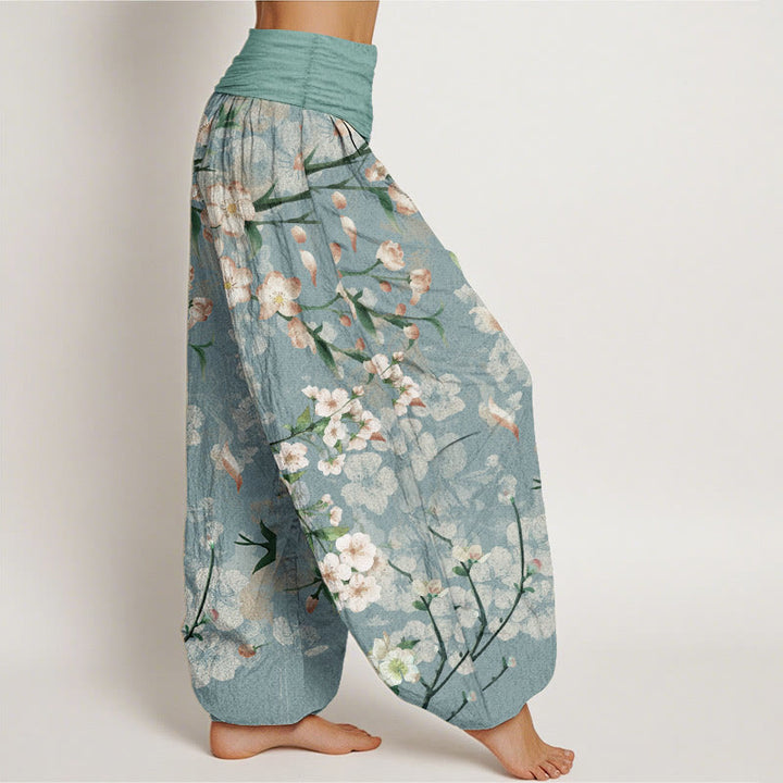 Pantalones bombachos de cintura elástica para mujer con estampado de flores de melocotón y Buddha Stones, de algodón. - image 2