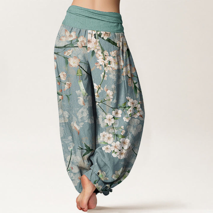 Pantalones bombachos de cintura elástica para mujer con estampado de flores de melocotón y Buddha Stones, de algodón. - image 1